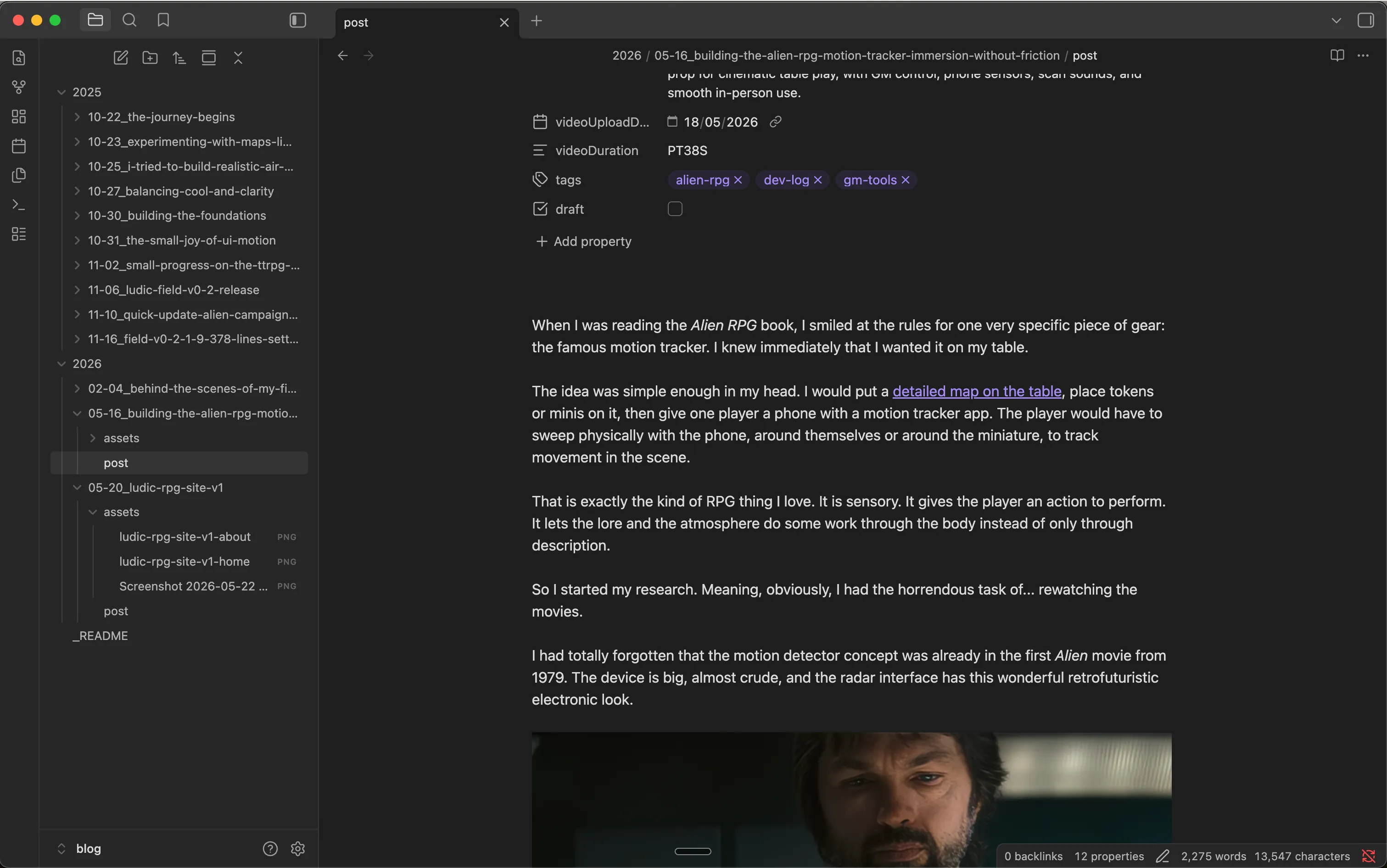 Screenshot of Obsidian interface on the Ludic RPG blog vault
