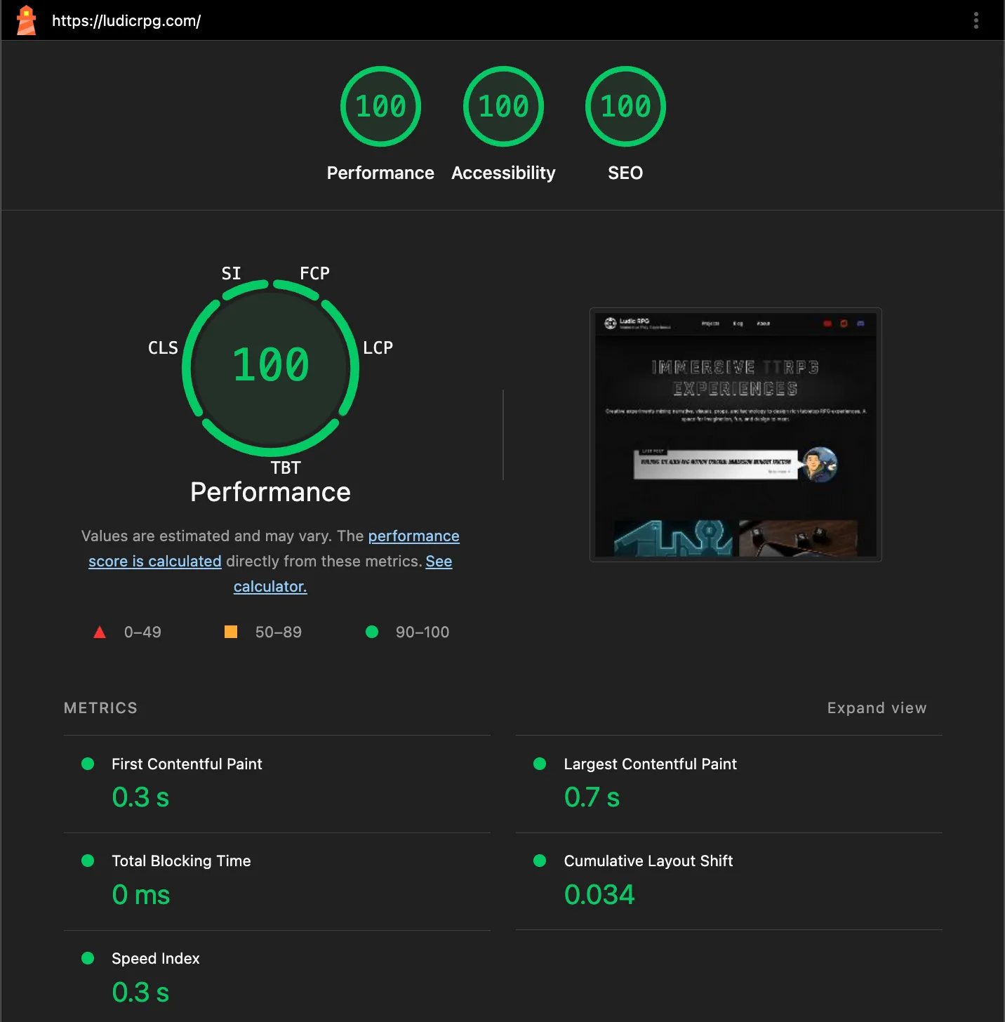 Lighthouse report showing 100 scores for performance, accessibility, and SEO on ludicrpg.com