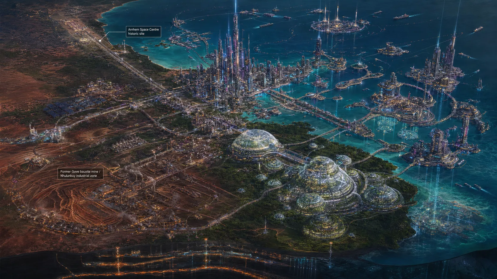 Aerial view of Charter City and its offshore platforms beside the Arnhem Space Centre and former Gove bauxite mine