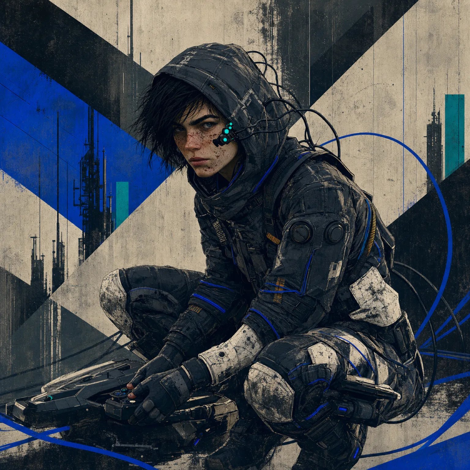 Female autonomous-systems tracker in a hooded suit with blue neural cables and a rugged controller