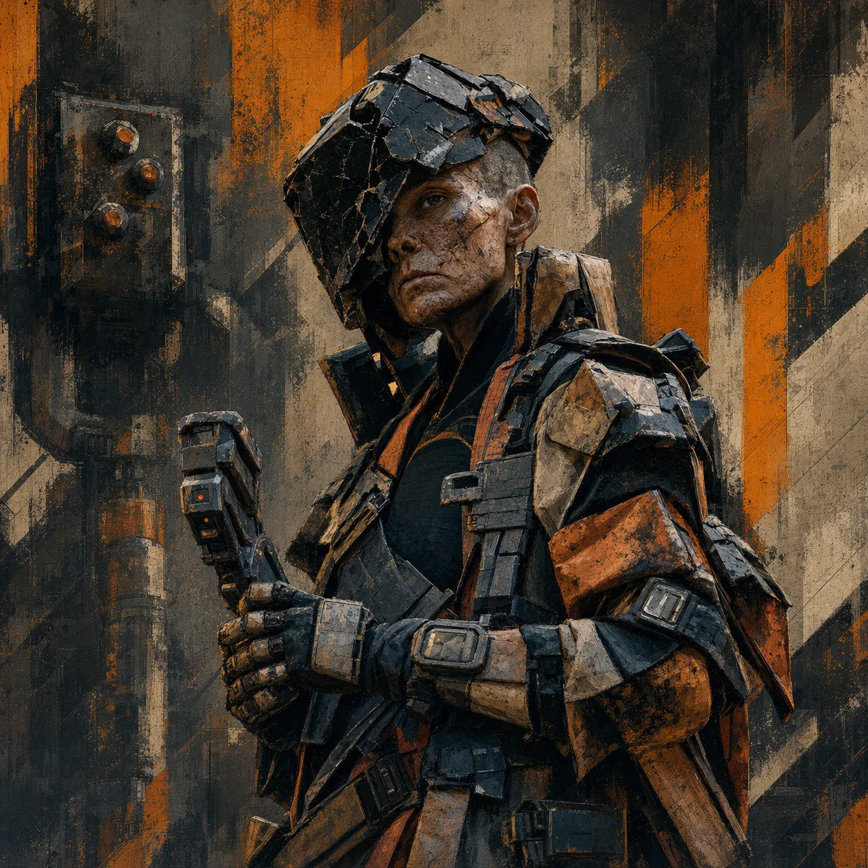 Female construction demolition specialist in orange-and-black armor holding a detonator