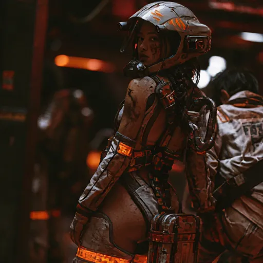 Rejected feminine source image showing a rescue worker in an open-backed suit and rear-facing pose