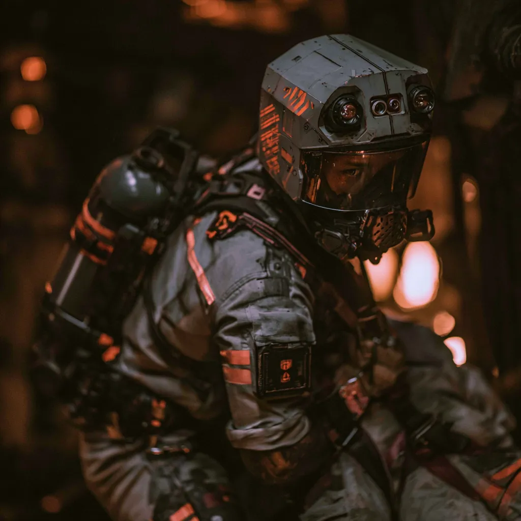 Masculine source image showing a rescue worker in a sealed helmet and protective suit
