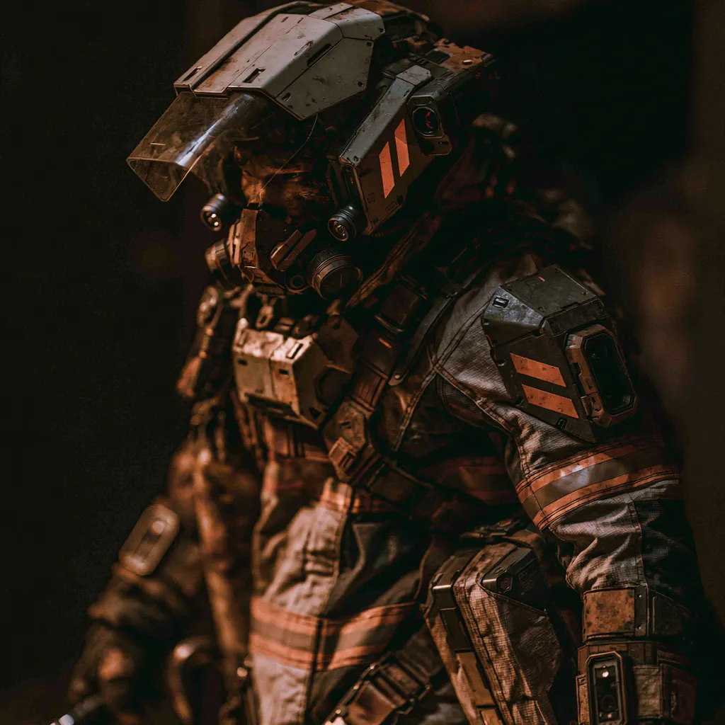 Masculine source image showing a fully armored rescue worker in the same visual direction