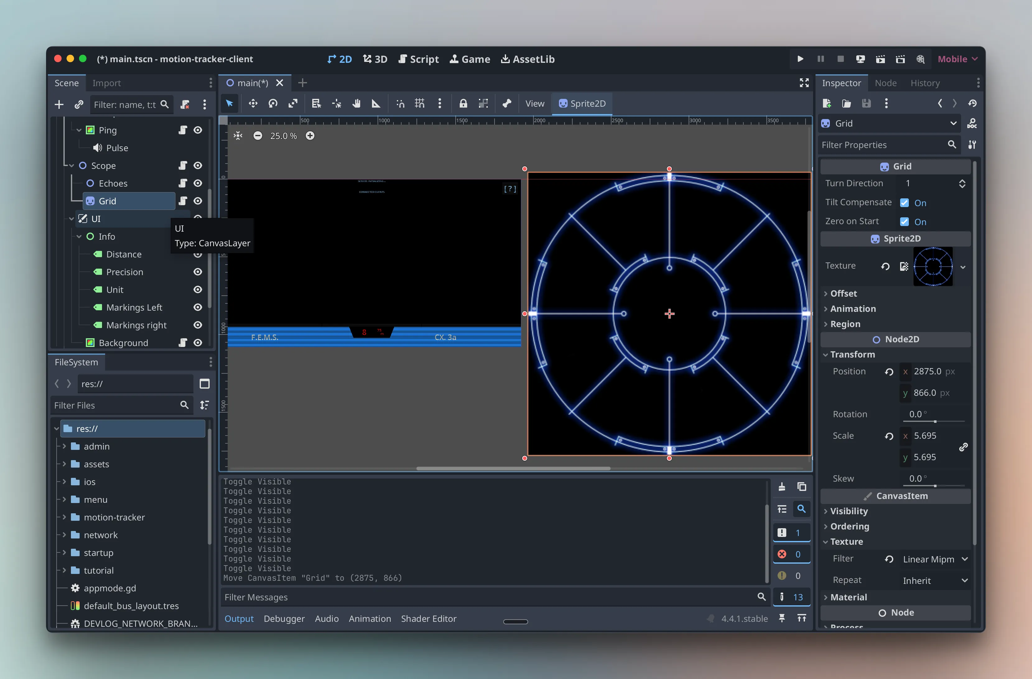 Godot workspace showing the Alien motion tracker app project