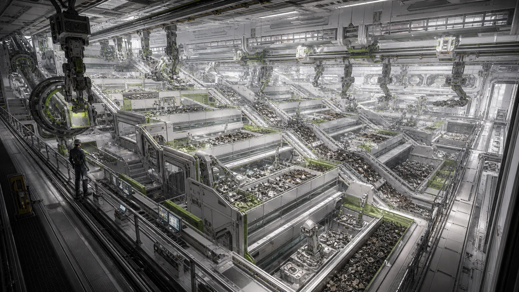 A recycling Deck inside Hexa, filled with automated sorting lines