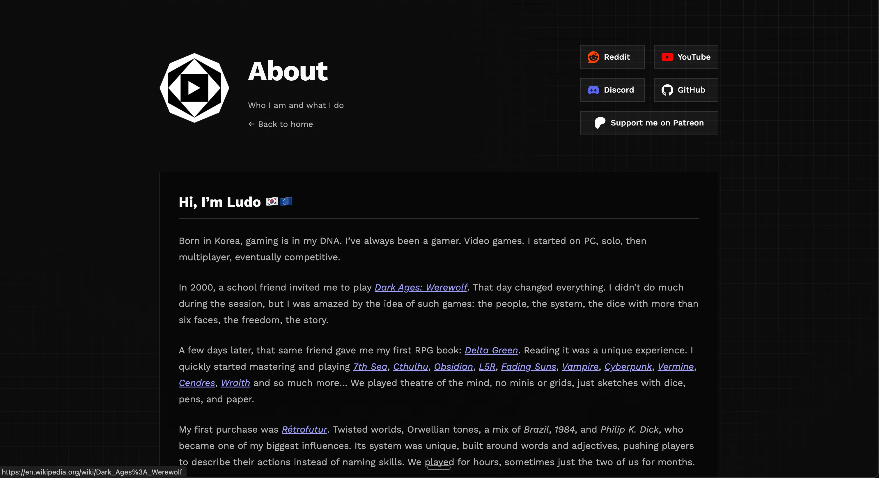 Ludic RPG about page v1 with the reader-focused text container and site navigation