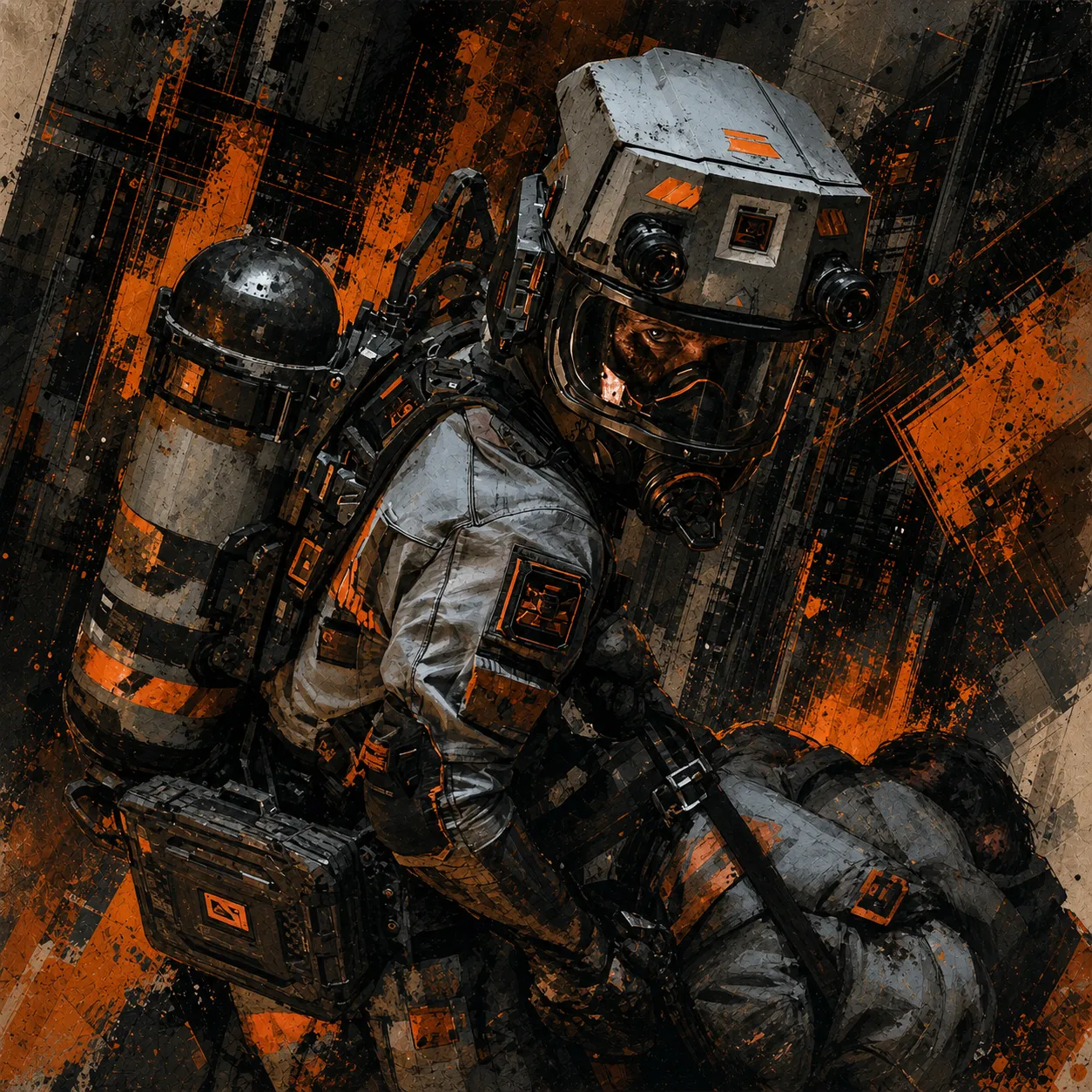 Male critical-asset recovery operator in sealed orange-and-white gear carrying a hard case beside an injured person