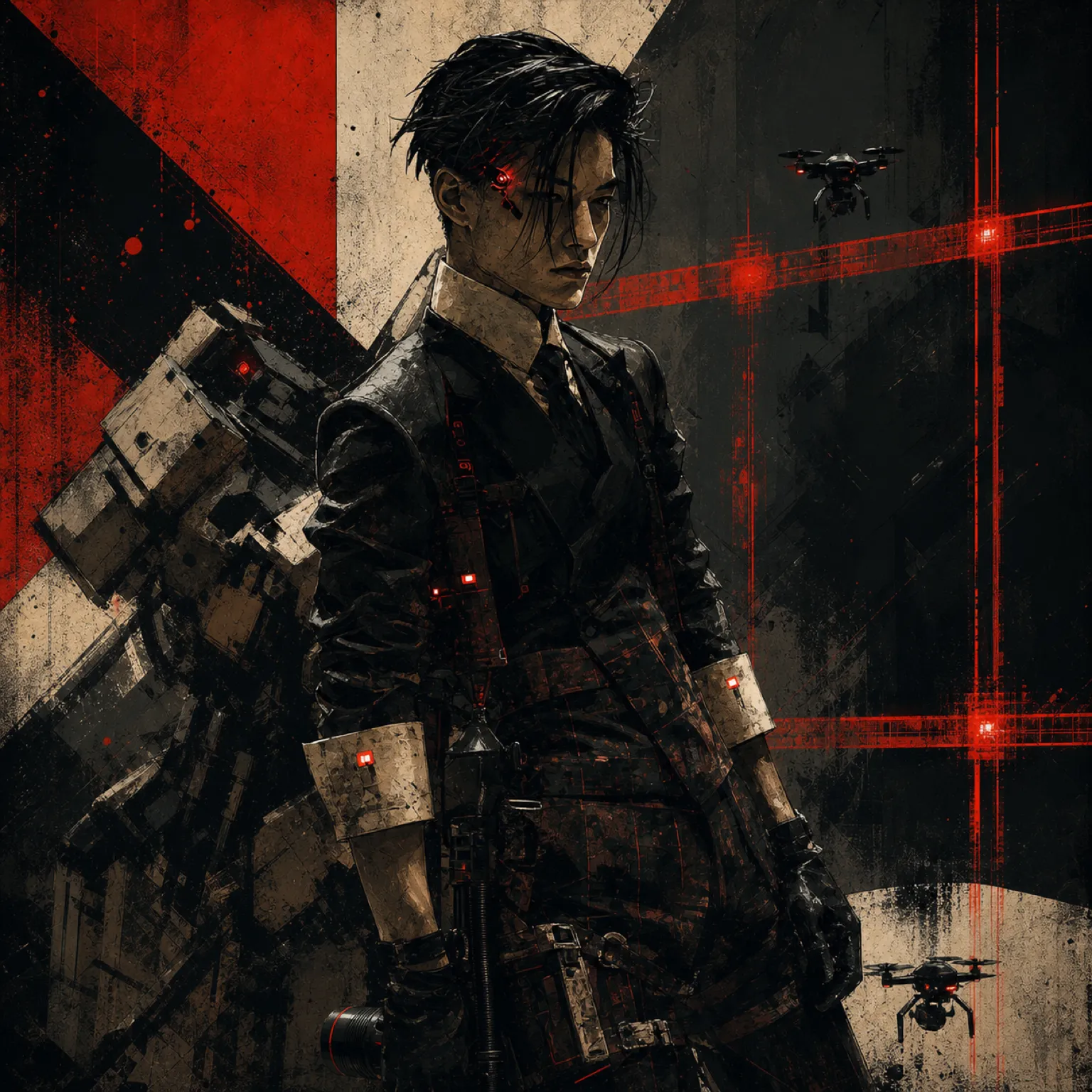 Male loss adjuster in black field gear with red cybernetics and inspection drones