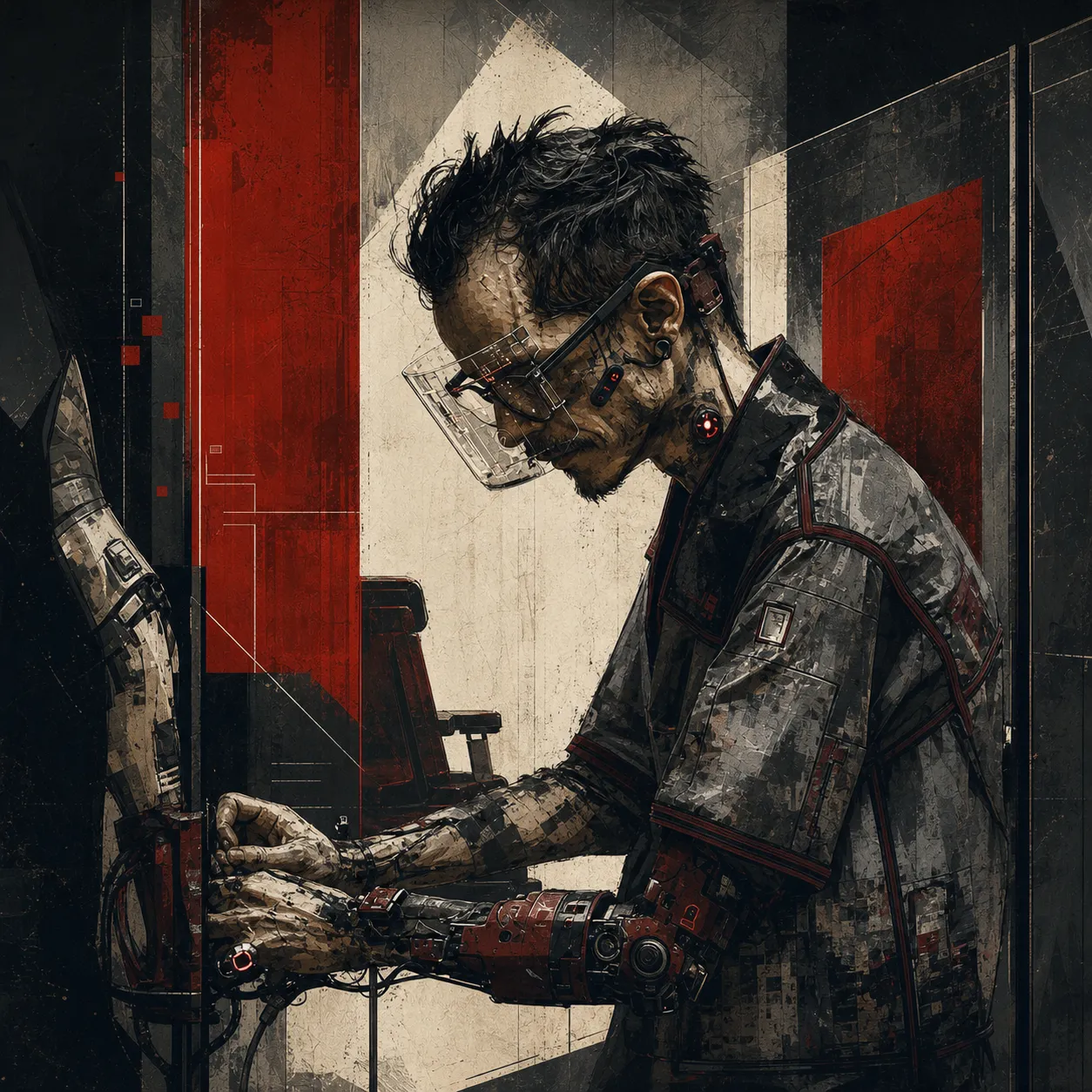 Male occupational-fitness doctor with a transparent visor and red cybernetic forearms working at a terminal