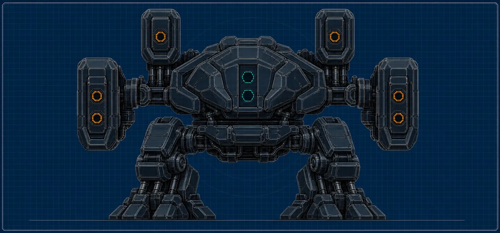 Blueprint of a heavy enemy PROX6 boss with six orange weapon mounts and two cyan module slots