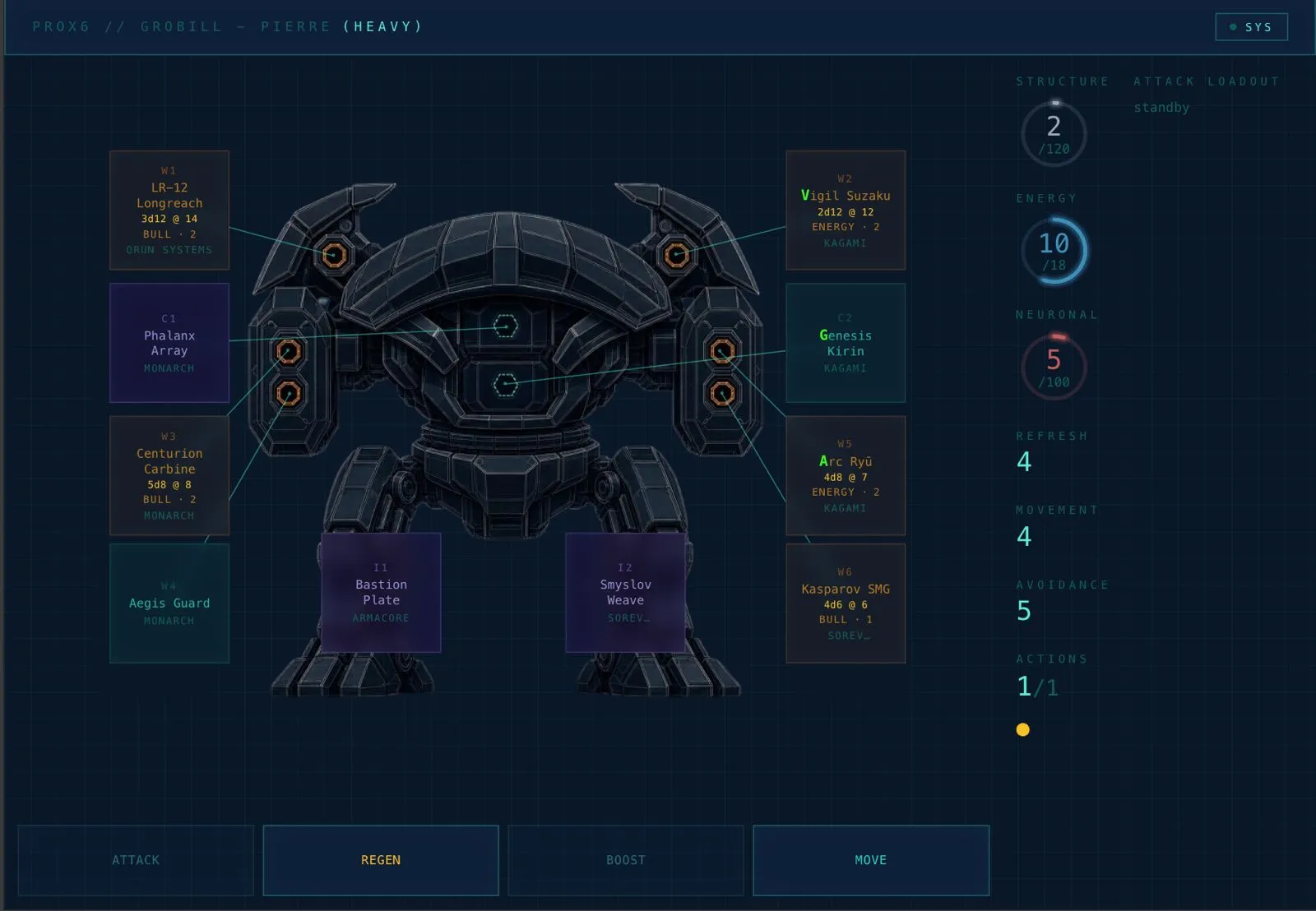 PROX6 tablet loadout for a heavy chassis, showing installed modules and structure, energy, and neural-load meters
