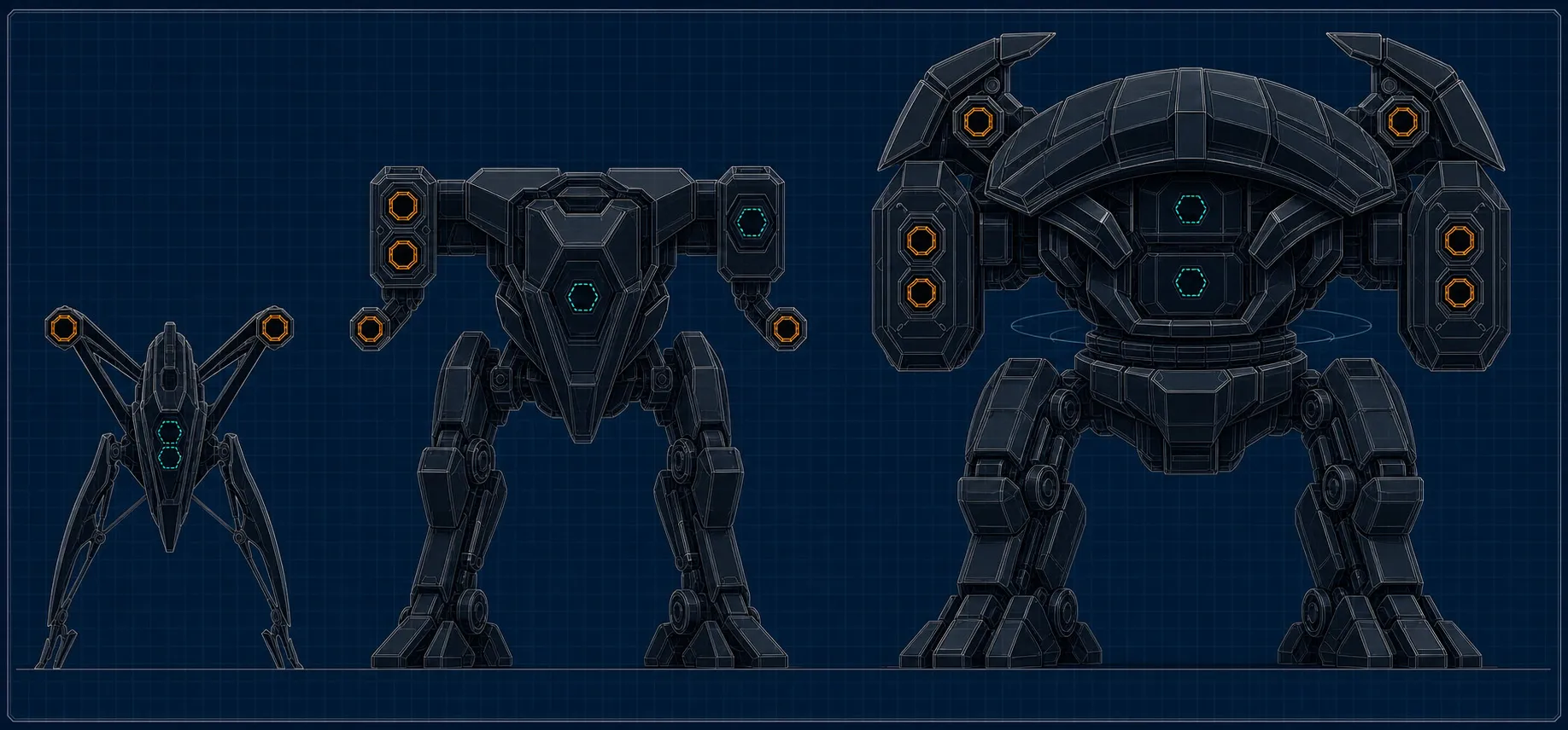 Blueprint comparison of light, medium, and heavy PROX6 chassis, with cyan module slots and orange weapon mounts