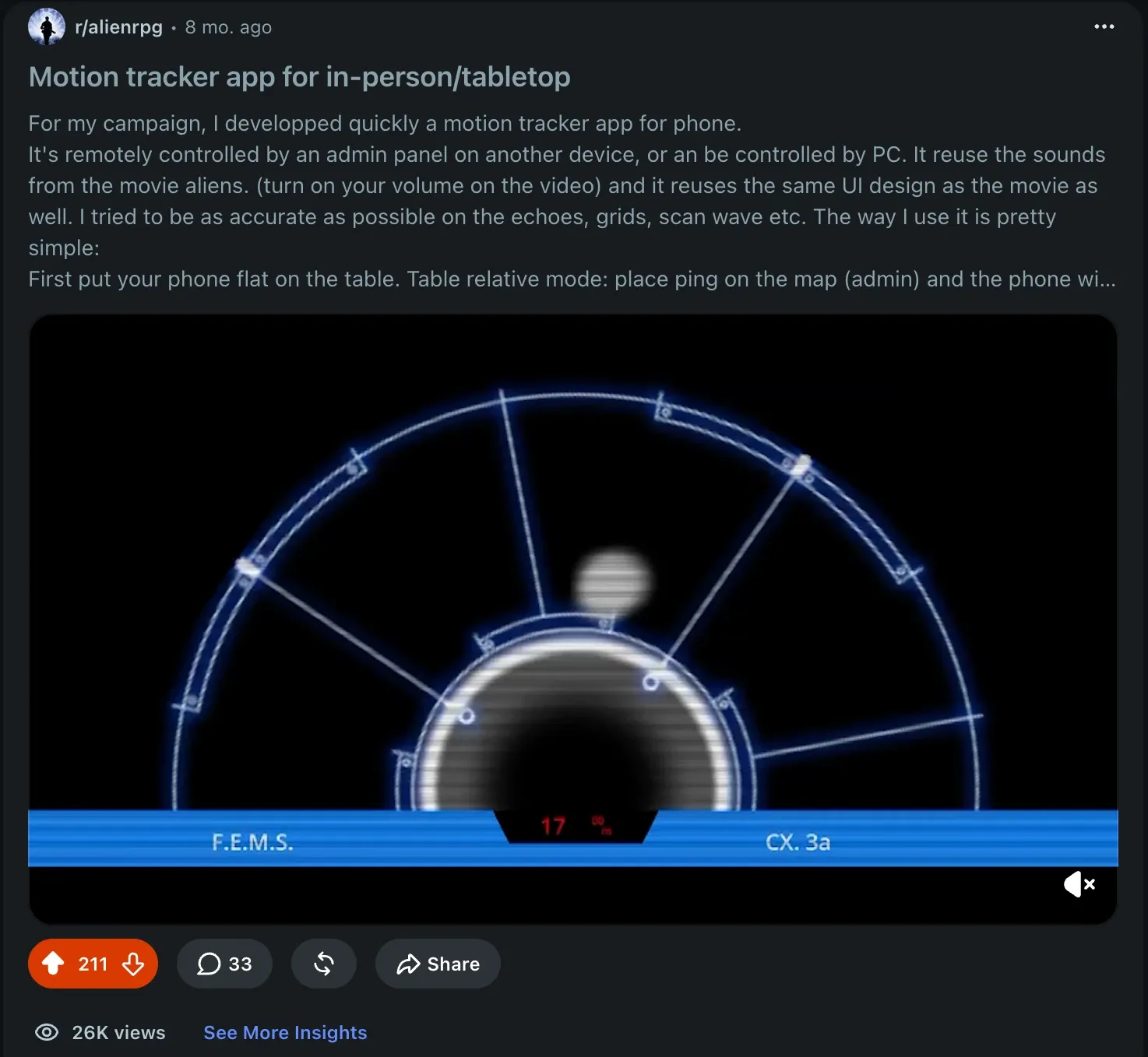 Screenshot of the first Alien Motion Tracker Reddit post on the Alien RPG subreddit