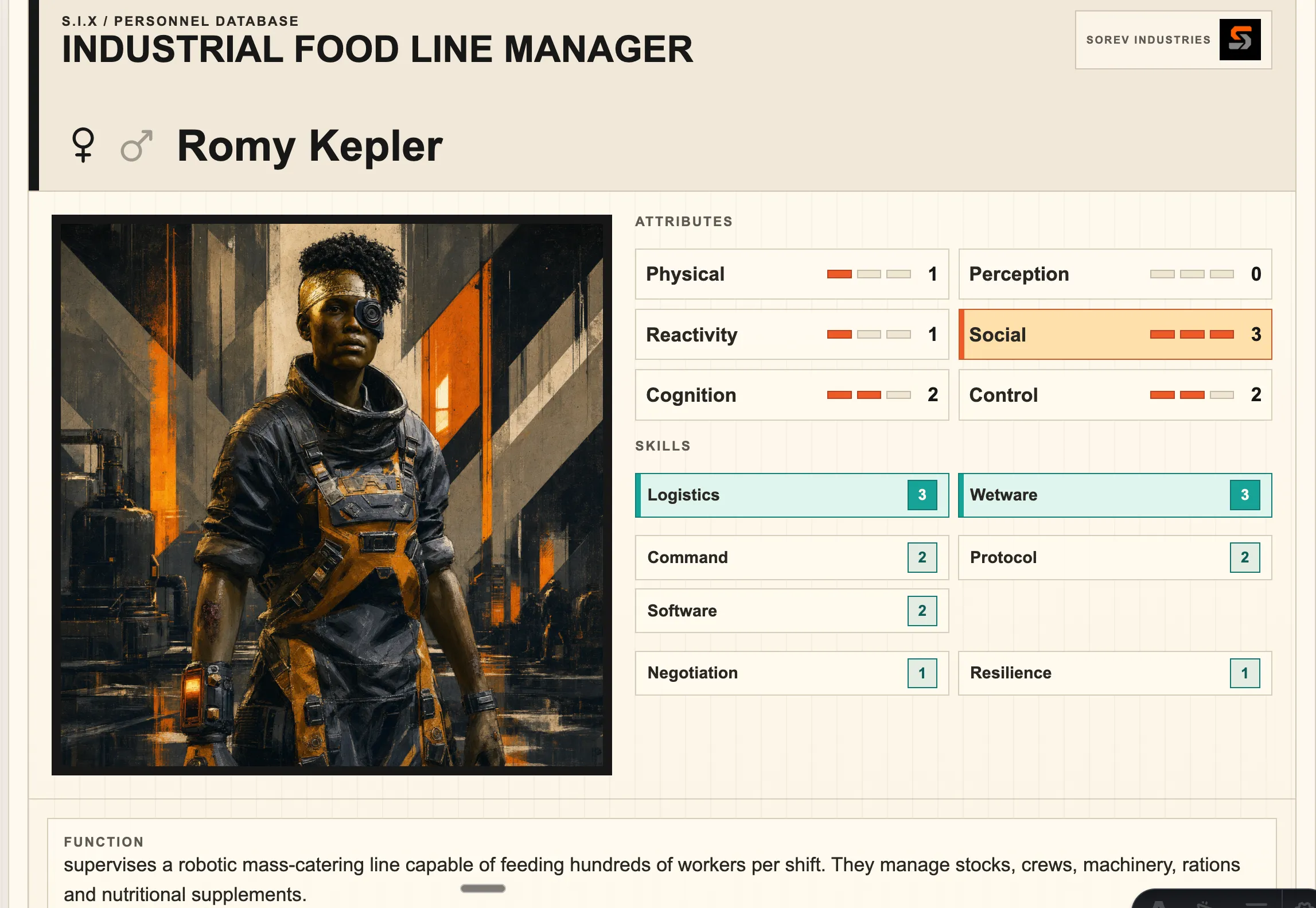 Industrial Food Line Manager archetype character sheet for Romy Kepler