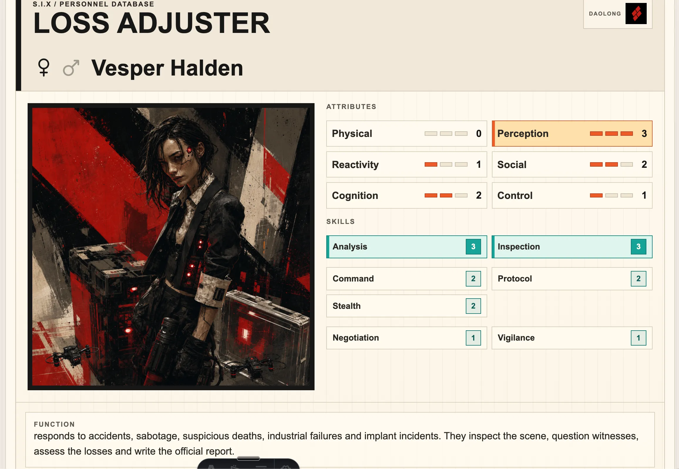 Loss Adjuster archetype character sheet for Vesper Halden