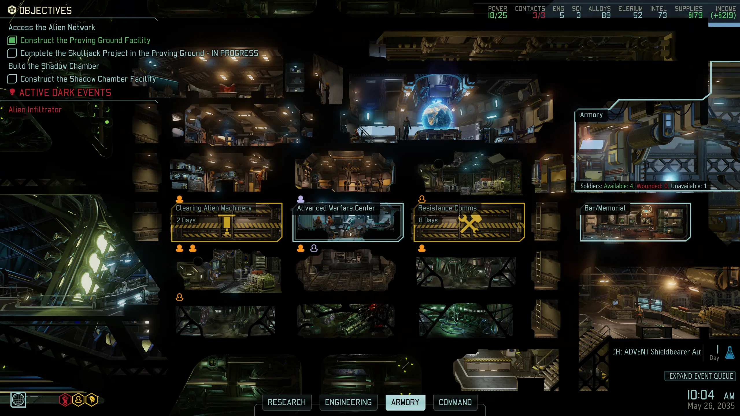 XCOM 2 Avenger base-management screen showing rooms arranged through a cutaway spacecraft